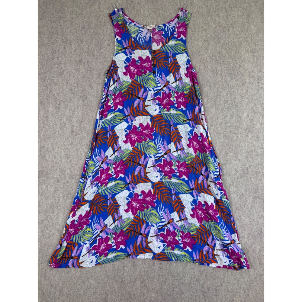 k163. Water Lily Tropical Floral Dragonfly Print Rayon Midi Dress Blue Magenta